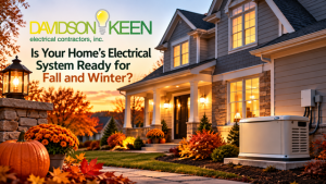 Davidson Keen Electrical Contractors fall home exterior with standby generator and seasonal electrical safety message