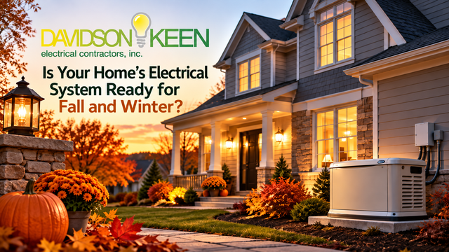 Davidson Keen Electrical Contractors fall home exterior with standby generator and seasonal electrical safety message